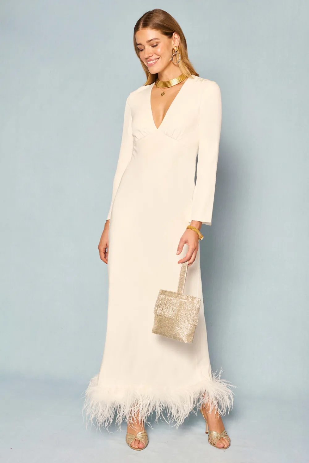 RIXO Mya Feathered Maxi Dress^ White Dresses|The White Edit