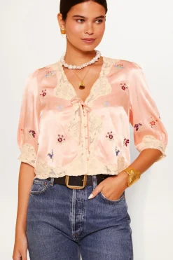 RIXO Ursula Embroidered Satin Top^ Tops