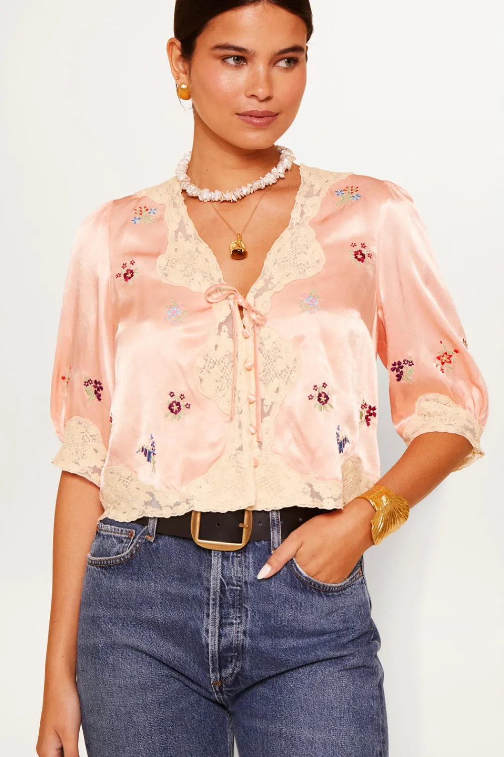 RIXO Ursula Embroidered Satin Top^ Tops