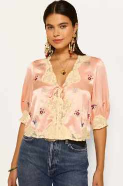 RIXO Ursula Embroidered Satin Top^ Tops